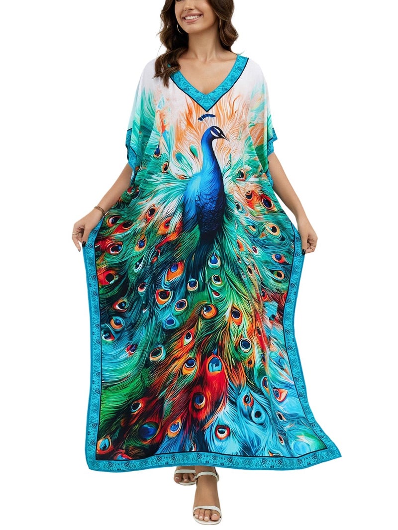 IMAGEKOPE Women's Plus Size Loose Fit Moroccan Print V-Neck Batwing Kaftan Beach Dress Bathing Suit Cover Up - Image 1