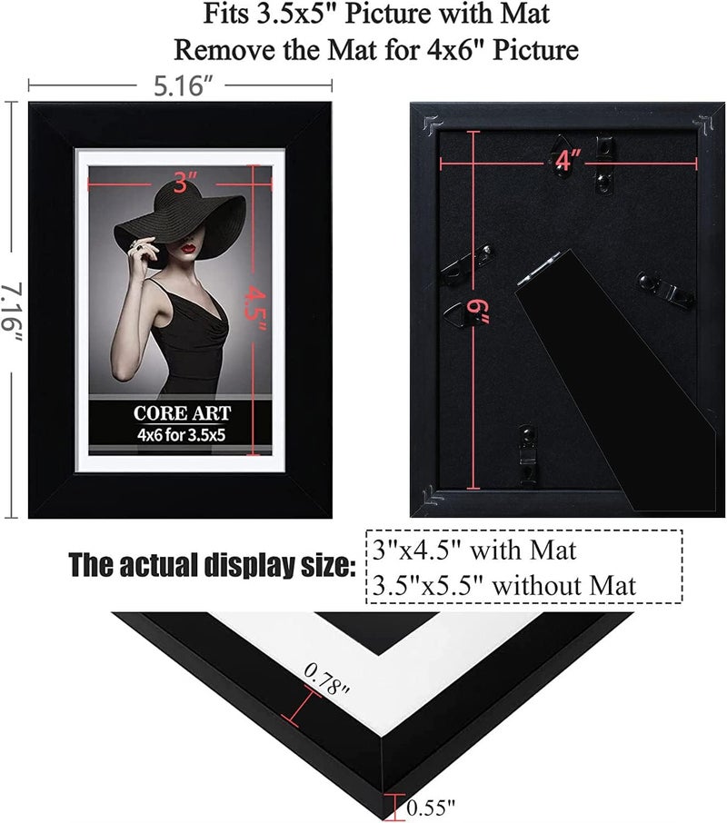 CORE ART 4x6 Black Picture Frame Set of 4,Display Pictures 3.5x5 with Mat or 4 x 6 without Mat,Multi Photo Frames Collage for Wall or Tabletop Display - Image 2