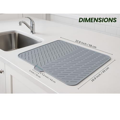 KITCH & KIN Large Silicone Dish Drying Mat for Kitchen Sink 23 × 17 Inches, Silicone Kitchen Drying Mat with Drain Lip, Dish Drainer Mat for Utensils Plates Cups, Non Slip Sink & Counter Drying Mat - Image 2