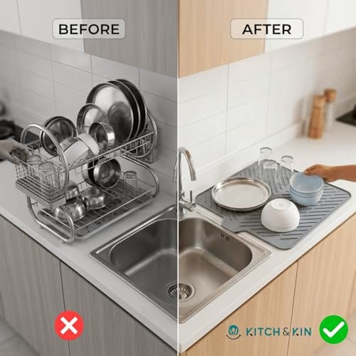 KITCH & KIN Large Silicone Dish Drying Mat for Kitchen Sink 23 × 17 Inches, Silicone Kitchen Drying Mat with Drain Lip, Dish Drainer Mat for Utensils Plates Cups, Non Slip Sink & Counter Drying Mat - Image 3