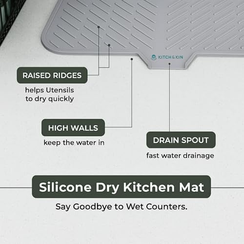 KITCH & KIN Large Silicone Dish Drying Mat for Kitchen Sink 23 × 17 Inches, Silicone Kitchen Drying Mat with Drain Lip, Dish Drainer Mat for Utensils Plates Cups, Non Slip Sink & Counter Drying Mat - Image 4