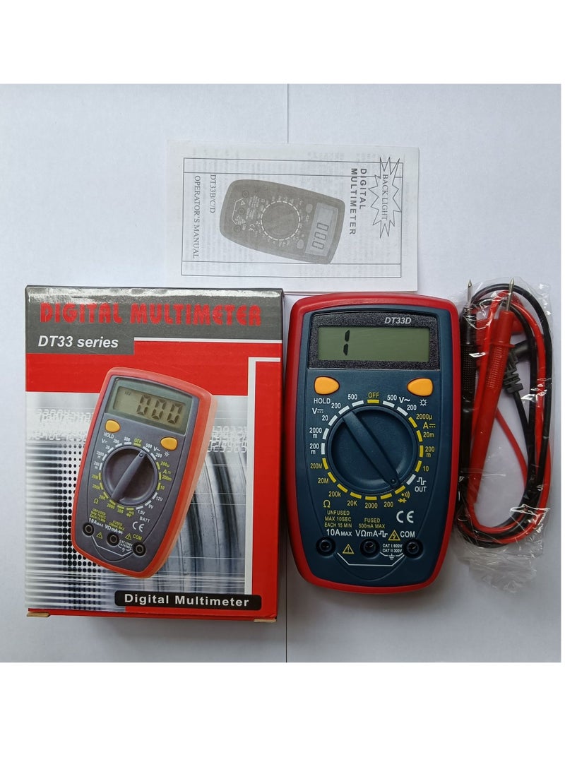 Generic - Digital Multimeter DT33D | Blue Backlight, With Square Wave Signal Output | AC/DC Voltage, Current, Resistance Measurement | 9V Battery - Image 1