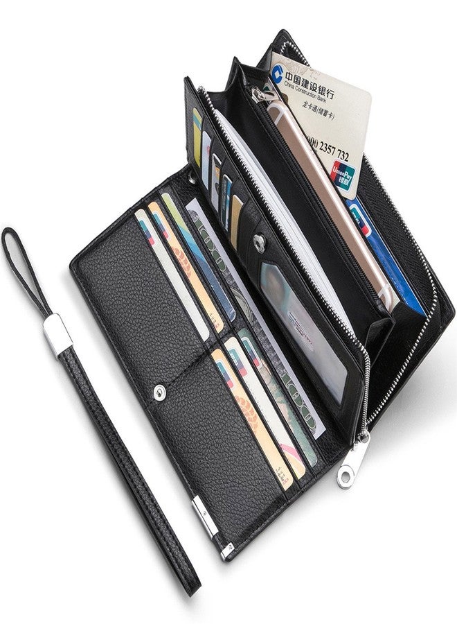 Huztencor Long Wallets for Men Leather RFID Blocking Wallet Bifold Slim Credit Card Holder Zip Around Wallet Purse with Zipper Strap Black - Image 2