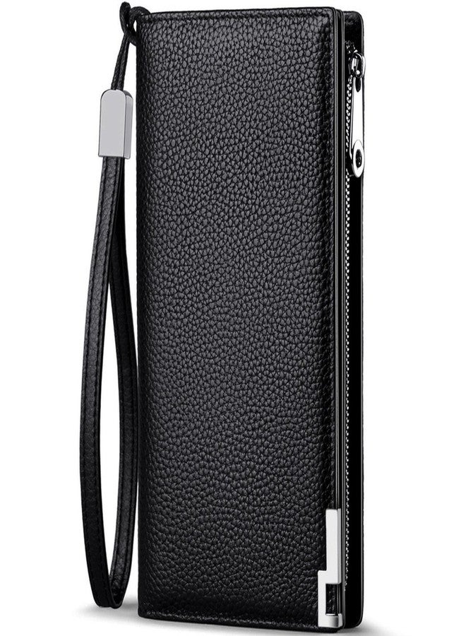 Huztencor Long Wallets for Men Leather RFID Blocking Wallet Bifold Slim Credit Card Holder Zip Around Wallet Purse with Zipper Strap Black - Image 1