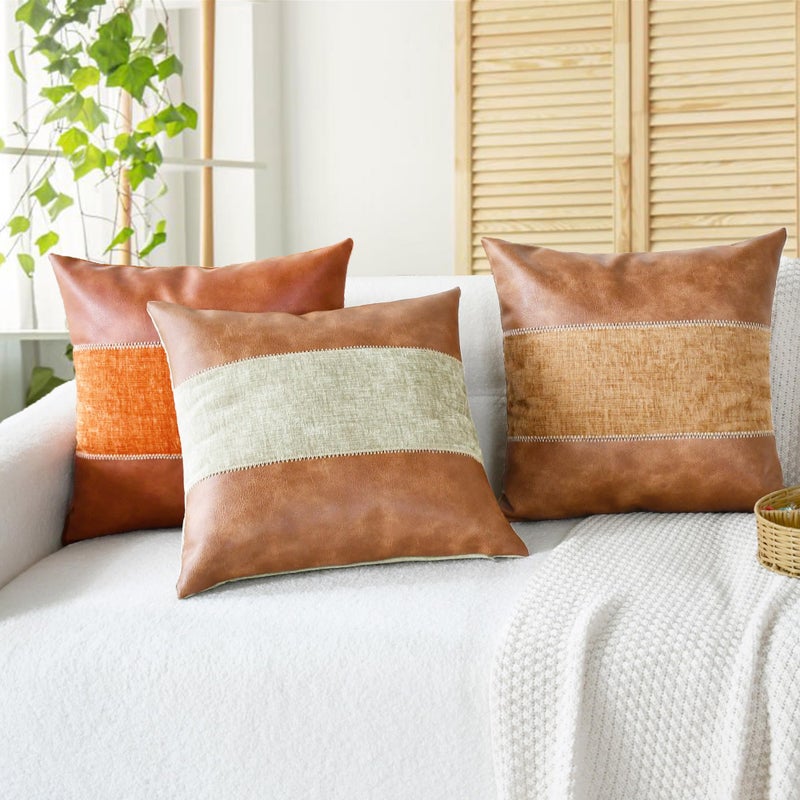 CaliTime Throw Pillow Covers Pack of 2 Soft Faux Leather Solid Dyed Chenille Cushion Cases for Couch Sofa Home Decoration 18 X 18 Inches Apricot Brown - Image 3