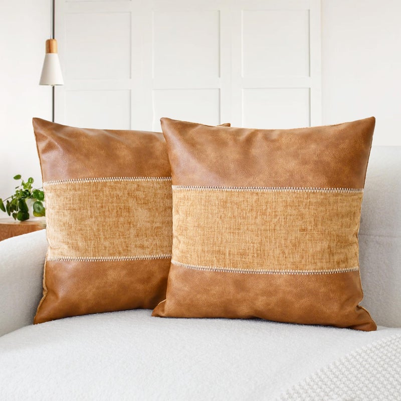 CaliTime Throw Pillow Covers Pack of 2 Soft Faux Leather Solid Dyed Chenille Cushion Cases for Couch Sofa Home Decoration 18 X 18 Inches Apricot Brown - Image 1