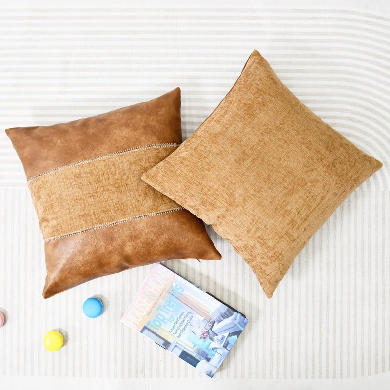 CaliTime Throw Pillow Covers Pack of 2 Soft Faux Leather Solid Dyed Chenille Cushion Cases for Couch Sofa Home Decoration 18 X 18 Inches Apricot Brown - Image 5