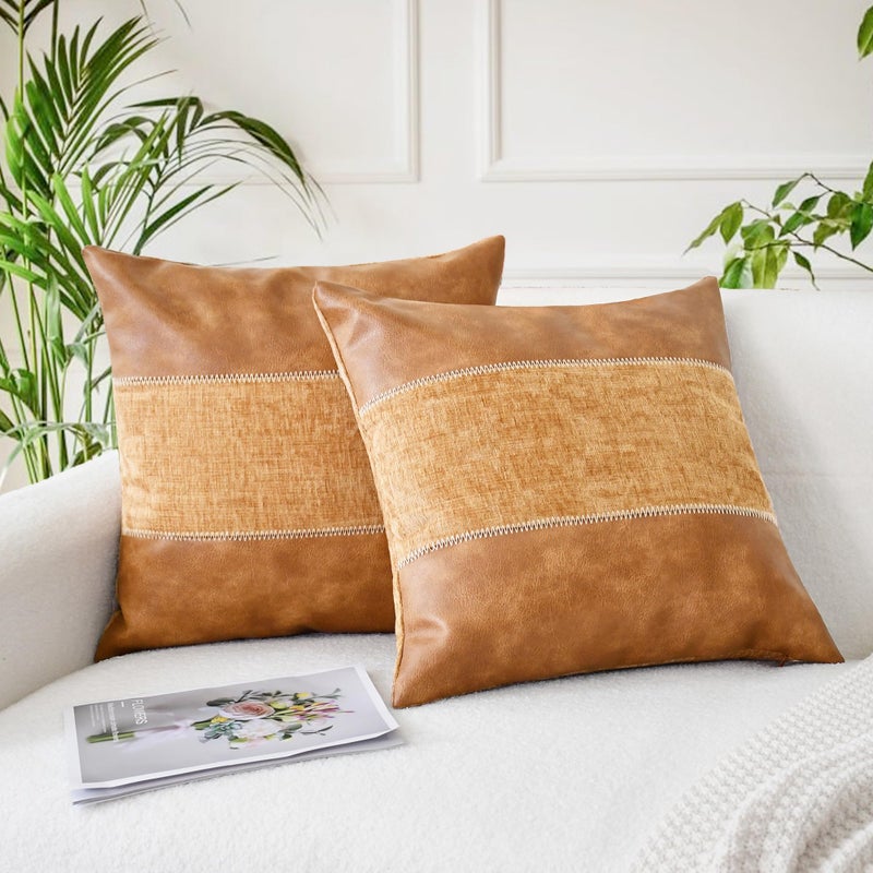 CaliTime Throw Pillow Covers Pack of 2 Soft Faux Leather Solid Dyed Chenille Cushion Cases for Couch Sofa Home Decoration 18 X 18 Inches Apricot Brown - Image 4