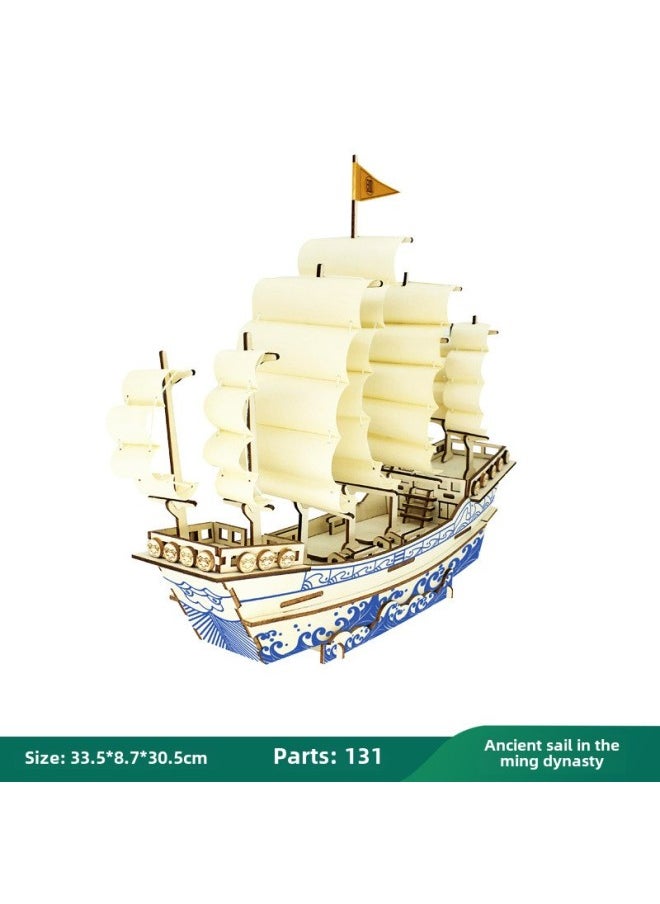 Cruise Cargo Ship Model Ornaments Manual Diy Assembled Simulation Wooden Sail Ship Puzzle Wooden Toy-Color:Ming Dynasty Ancient Sailboat  - Image 1