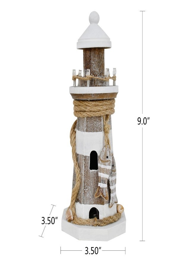 Linfevisi Wooden Lighthouse Decor with Light Tabletop Nautical Decor Solid Wood Light Houses Statue Figurines Inside Standing Coastal Beach Decoration Ocean Sea Theme Home Bathroom 9 Inch - Image 2