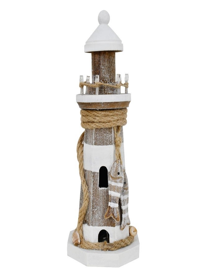 Linfevisi Wooden Lighthouse Decor with Light Tabletop Nautical Decor Solid Wood Light Houses Statue Figurines Inside Standing Coastal Beach Decoration Ocean Sea Theme Home Bathroom 9 Inch - Image 1