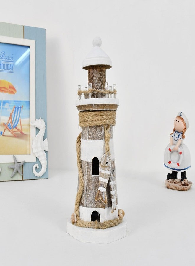 Linfevisi Wooden Lighthouse Decor with Light Tabletop Nautical Decor Solid Wood Light Houses Statue Figurines Inside Standing Coastal Beach Decoration Ocean Sea Theme Home Bathroom 9 Inch - Image 4