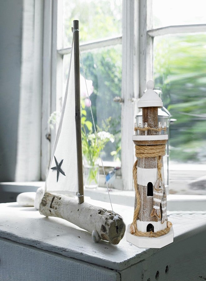 Linfevisi Wooden Lighthouse Decor with Light Tabletop Nautical Decor Solid Wood Light Houses Statue Figurines Inside Standing Coastal Beach Decoration Ocean Sea Theme Home Bathroom 9 Inch - Image 5