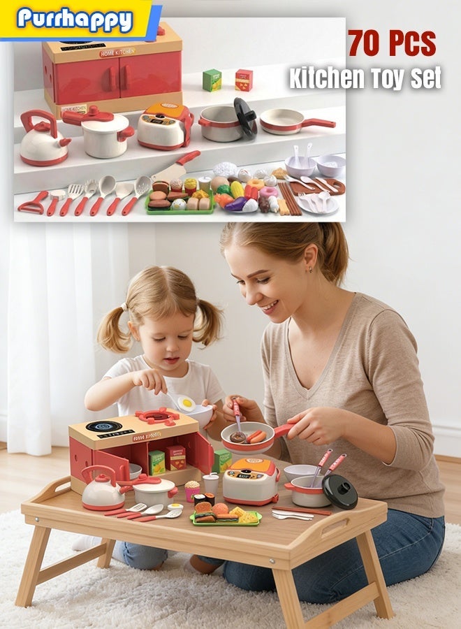 Purrhappy 70 Pcs Kitchen Pretend Play Toy Set Play Kitchen Accessories Toy, Including Pots, Pans, Spoon,Electric Cooker and Fruits, Fake Play Kitchen Toys for Kids,Role Play Cookware Indoor DIY Toy Games for Kids Girls Boys 3 years+ - Image 1