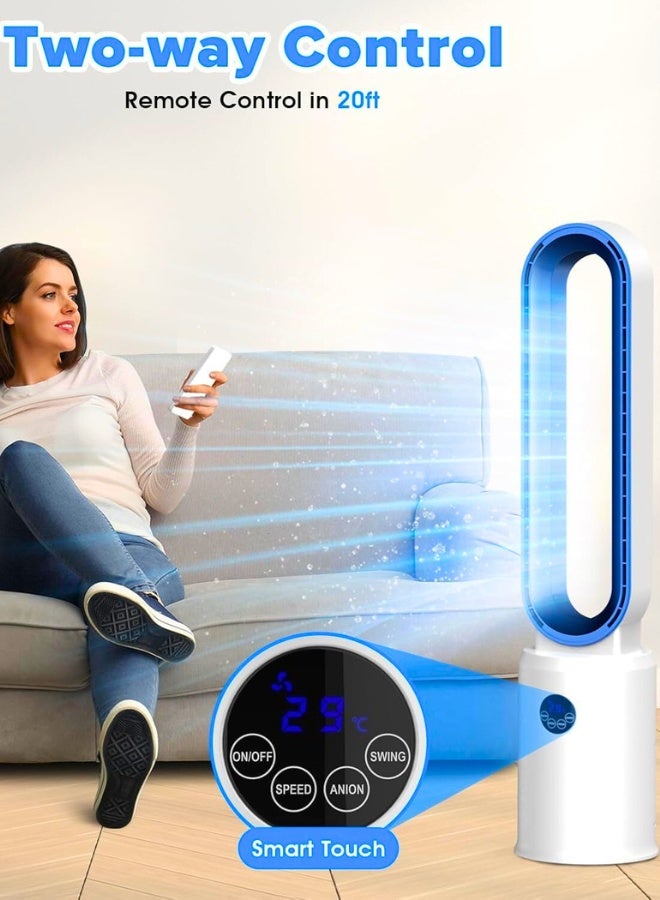 Chase Up Bladeless Tower Fan with Remote, Air Circulator Cooling Fan for Indoor Use, 24 Speeds Settings, 12 Timer, Quiet Oscillating Fan for Home Bedroom, Office, Living Room, White+Blue - Image 4