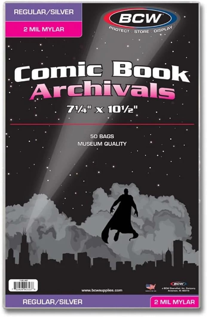 BCW Archival Storage Bags for Silver AgeRegular Comic Books  50 Pack  7 14 x 10 12  2 Mil Mylar Comic Book Sleeves  Clear Polyester - Image 1