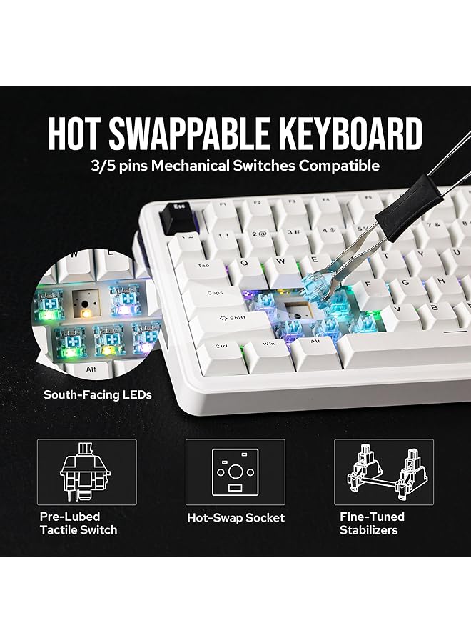 EPOMAKER Th85 Qmk/Via Wireless Gaming Keyboard Bt5.0/2.4Ghz/Usb C Hot Swappable Pre Lubed Custom Creamy Jade Linear Switches Gasket Creamy Keyboard For Pc/Mac/Office/Gaming (White) - Image 4