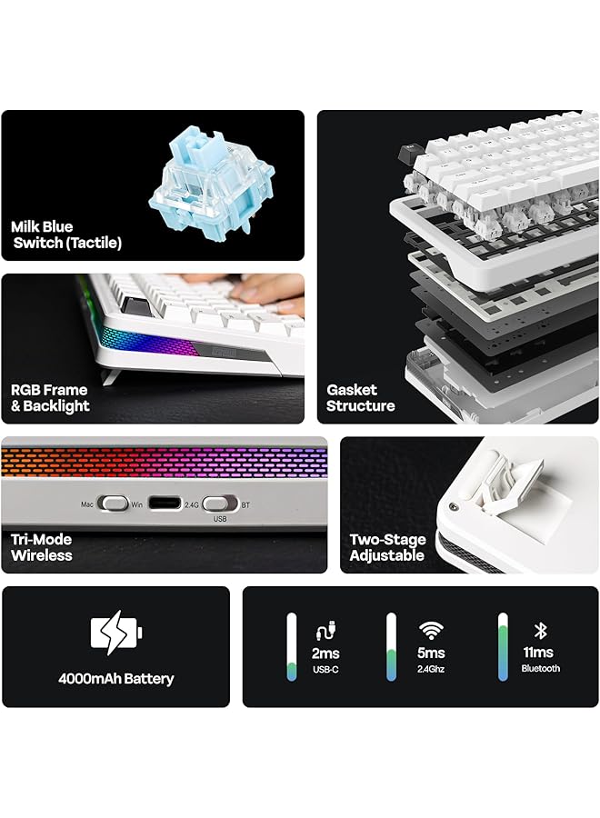 EPOMAKER Th85 Qmk/Via Wireless Gaming Keyboard Bt5.0/2.4Ghz/Usb C Hot Swappable Pre Lubed Custom Creamy Jade Linear Switches Gasket Creamy Keyboard For Pc/Mac/Office/Gaming (White) - Image 2