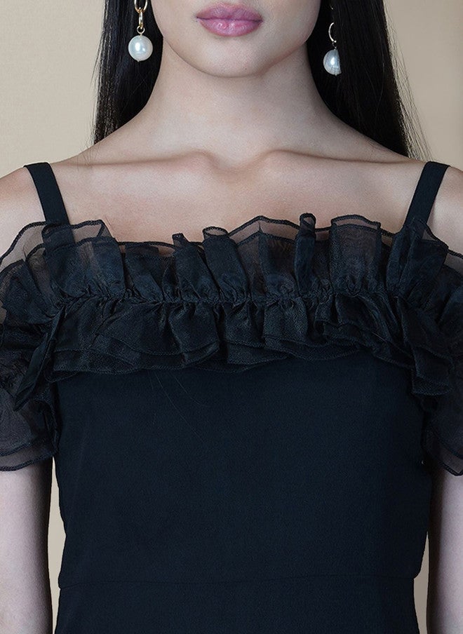 RAASSIO جمبسوت أسود بدون أكتاف مع كشكش للنساء - Image 3