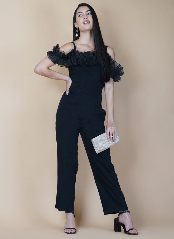 RAASSIO جمبسوت أسود بدون أكتاف مع كشكش للنساء - Image 1