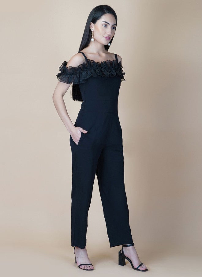 RAASSIO جمبسوت أسود بدون أكتاف مع كشكش للنساء - Image 4