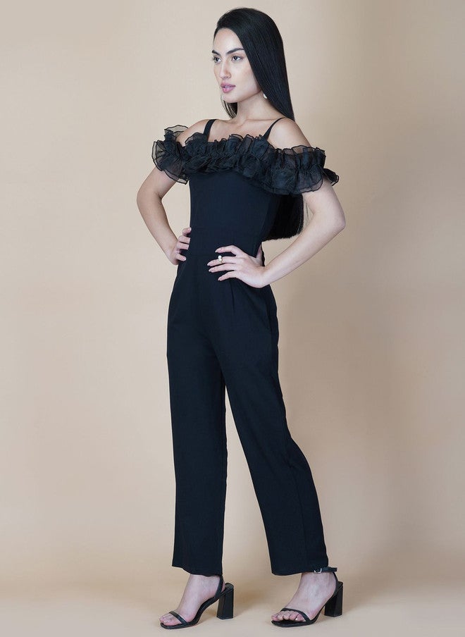 RAASSIO جمبسوت أسود بدون أكتاف مع كشكش للنساء - Image 5