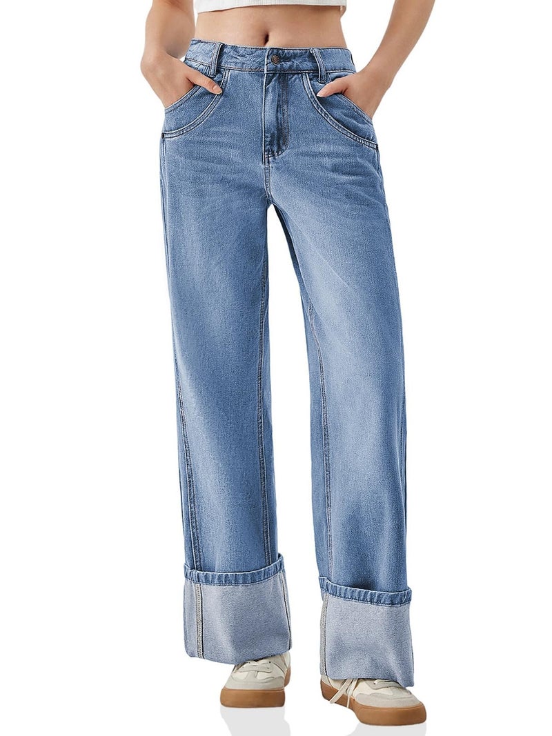 PLNOTME Womens Baggy Jeans Boyfriend Wide Leg Trendy Casual Mid Rise Cuffed Hem Denim Pants with Pockets Blue - Image 1