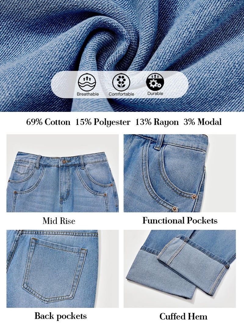 PLNOTME Womens Baggy Jeans Boyfriend Wide Leg Trendy Casual Mid Rise Cuffed Hem Denim Pants with Pockets Blue - Image 5