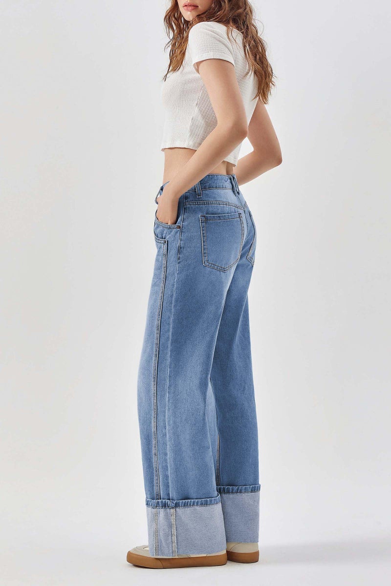 PLNOTME Womens Baggy Jeans Boyfriend Wide Leg Trendy Casual Mid Rise Cuffed Hem Denim Pants with Pockets Blue - Image 2