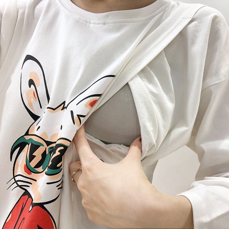 Postpartum Nursing Top Thin Long Sleeve Tee for New Moms White# Blue Glasses Rabbit 
