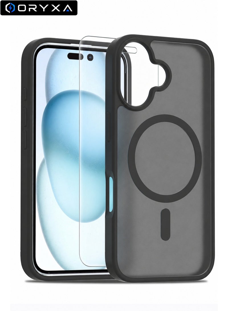 ORYXA iPhone 16 Case, 2 IN 1 Magnetic Phone Cover + Screen Protector, For iPhone 16, Compatible with MagSafe, Translucent Matte Shockproof Cover, Slim Full Protection, Black - Image 1