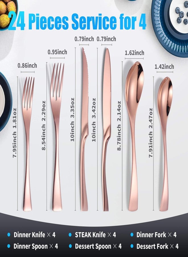 Lemeya 24-Piece Rose Gold Silverware Set with Steak Knives,Forged 18/10 Stainless Steel Cutlery Set for 4,Modern Heavy Duty Flatware Utensils Set,Forks Spoons and Knives Set,Dishwasher Safe - Image 3