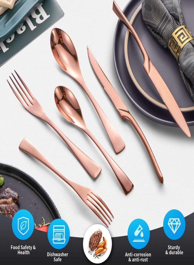 Lemeya 24-Piece Rose Gold Silverware Set with Steak Knives,Forged 18/10 Stainless Steel Cutlery Set for 4,Modern Heavy Duty Flatware Utensils Set,Forks Spoons and Knives Set,Dishwasher Safe - Image 2