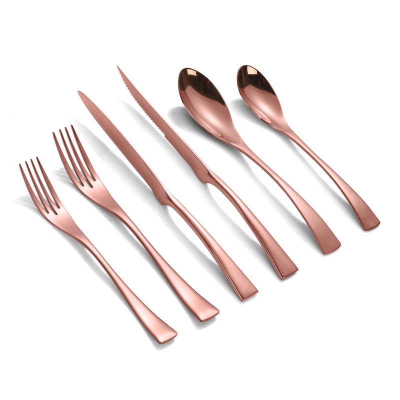 Lemeya 24-Piece Rose Gold Silverware Set with Steak Knives,Forged 18/10 Stainless Steel Cutlery Set for 4,Modern Heavy Duty Flatware Utensils Set,Forks Spoons and Knives Set,Dishwasher Safe - Image 1