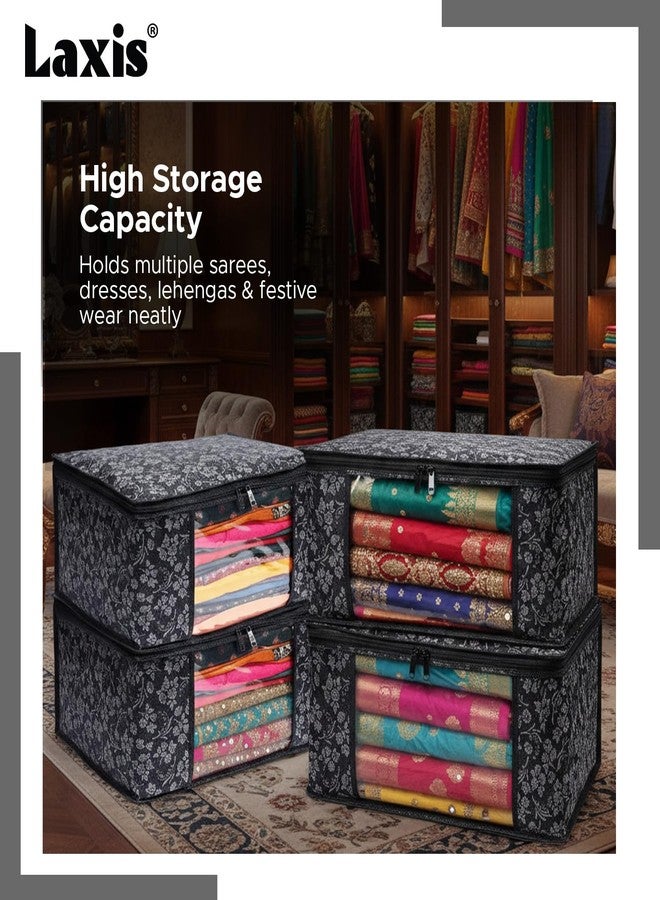 LAXIS® Saree Covers With Zip Non-Woven Printed Saree Cover/Saree Organizer For Wardrobe/Cloth Storage With Transparent Window/Saree Bags Storage/Clothes Organizer (Black- Pack of 3) - Image 5