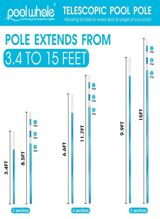POOLWHALE Premium 15 Foot Telescopic Swimming Pool Pole, Adjustable 3 Piece Extendable Pool Cleaning Pole, Blue Anodized Aluminum Pool Poles for Cleaning - for Skimmer Nets, Vacuum Heads and Brushes - Image 2