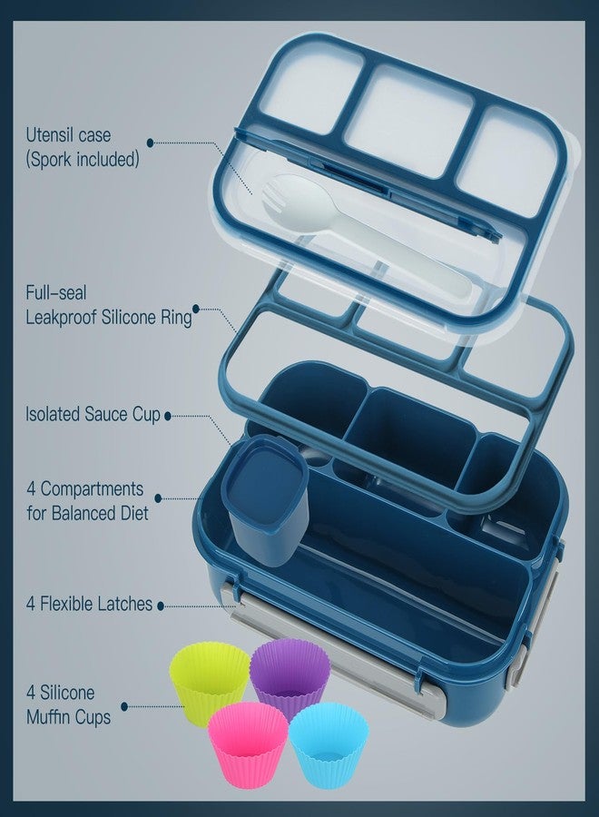 MaMix Bento Box Adult Lunch Box, Lunch Box Kids,Includes Lunch Bag for Adults/Kids/Students,1300ML-4 Compartment Bento Lunch Box (blue set) - Image 3