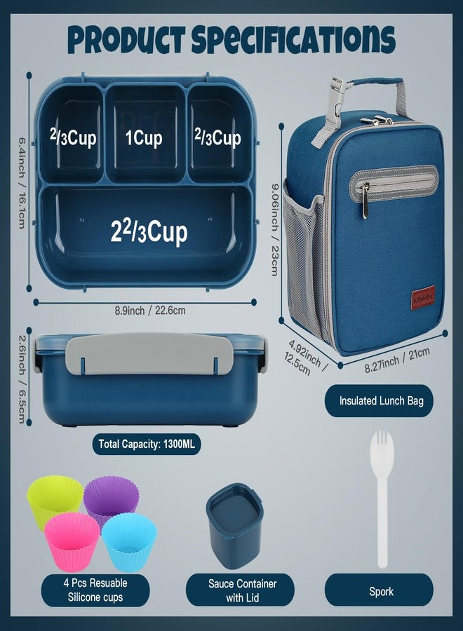 MaMix Bento Box Adult Lunch Box, Lunch Box Kids,Includes Lunch Bag for Adults/Kids/Students,1300ML-4 Compartment Bento Lunch Box (blue set) - Image 2