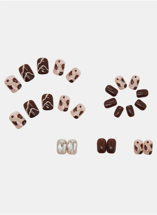 Styli 24 Pcs Patterned Brown Squoval Shape Press-On Nails