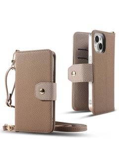 IPhone16 Litchi Pattern Multifunctional Mobile Phone Case Suitable For Google 9pro Card-in Hand Account Type 12 Case-Color:Khaki-Applicable Models:iphone15 Pro Max