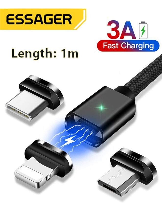 ايساجر كابل شحن مغناطيسي 3 في 1، كابل شحن سريع مغناطيسي، كابل USB مغناطيسي مع ضوء LED، شاحن هاتف مغناطيسي، يدعم نقل البيانات لجميع الأجهزة، مضفر من النايلون (1م) - Image 1