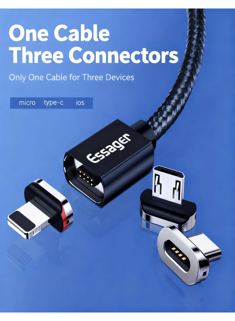 ايساجر كابل شحن مغناطيسي 3 في 1، كابل شحن سريع مغناطيسي، كابل USB مغناطيسي مع ضوء LED، شاحن هاتف مغناطيسي، يدعم نقل البيانات لجميع الأجهزة، مضفر من النايلون (1م) - Image 2