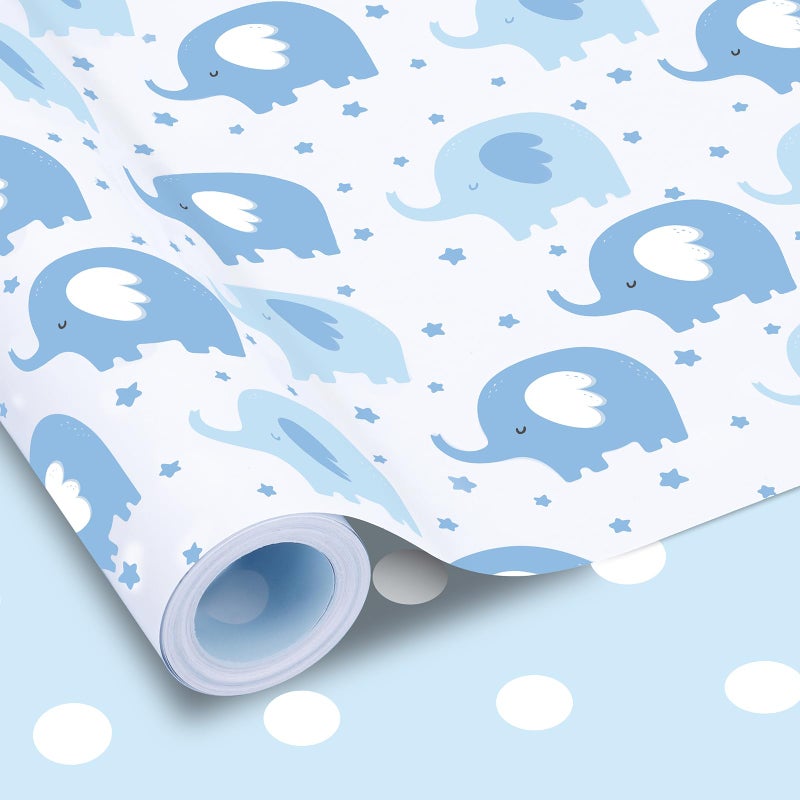 woric Reversible Baby Shower Wrapping Paper Roll 17 Inch x 33 Feet Blue Elephant Design Gift Wrapping Paper for Baby Shower, New Baby, Boy's 1st Birthday, Celebration - Image 1