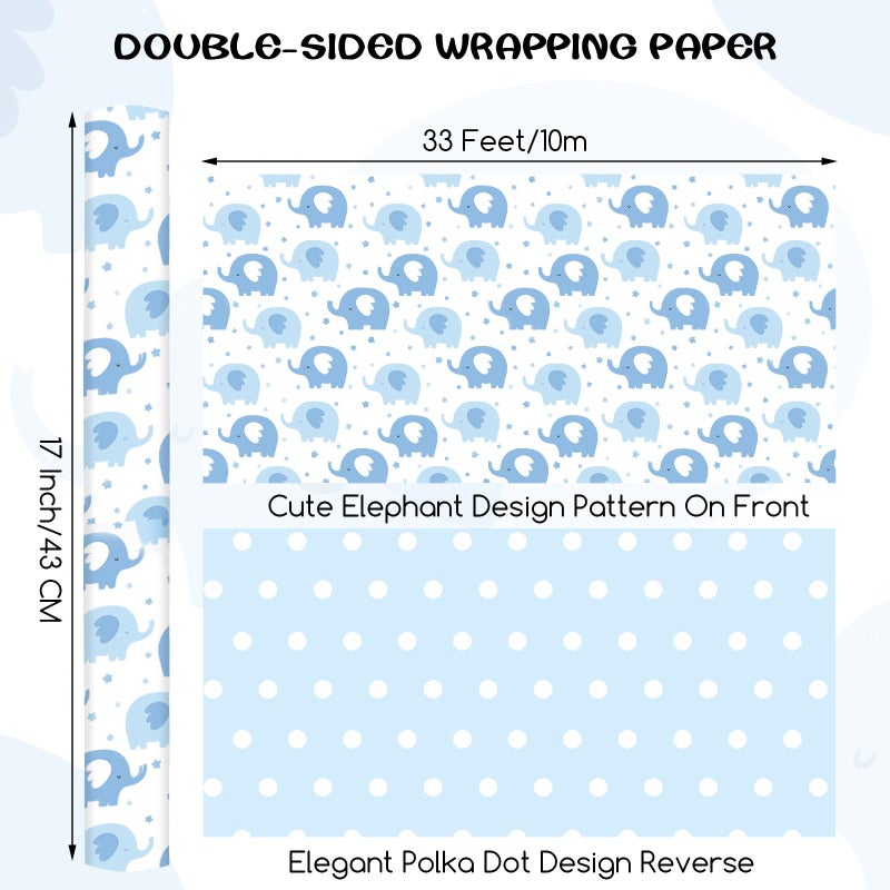 woric Reversible Baby Shower Wrapping Paper Roll 17 Inch x 33 Feet Blue Elephant Design Gift Wrapping Paper for Baby Shower, New Baby, Boy's 1st Birthday, Celebration - Image 2