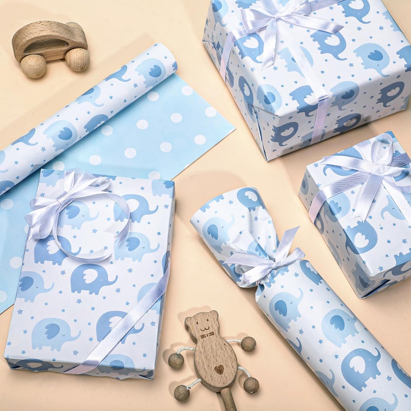 woric Reversible Baby Shower Wrapping Paper Roll 17 Inch x 33 Feet Blue Elephant Design Gift Wrapping Paper for Baby Shower, New Baby, Boy's 1st Birthday, Celebration - Image 5