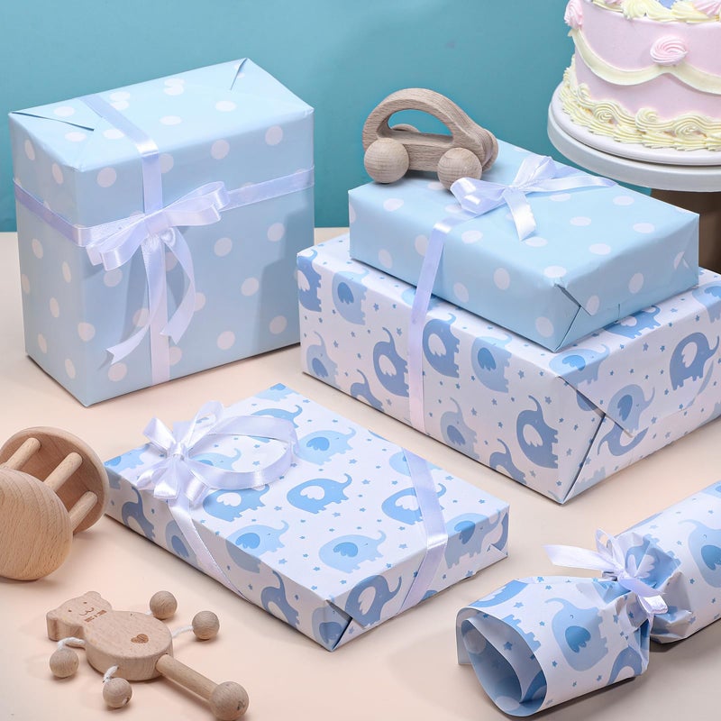woric Reversible Baby Shower Wrapping Paper Roll 17 Inch x 33 Feet Blue Elephant Design Gift Wrapping Paper for Baby Shower, New Baby, Boy's 1st Birthday, Celebration - Image 3