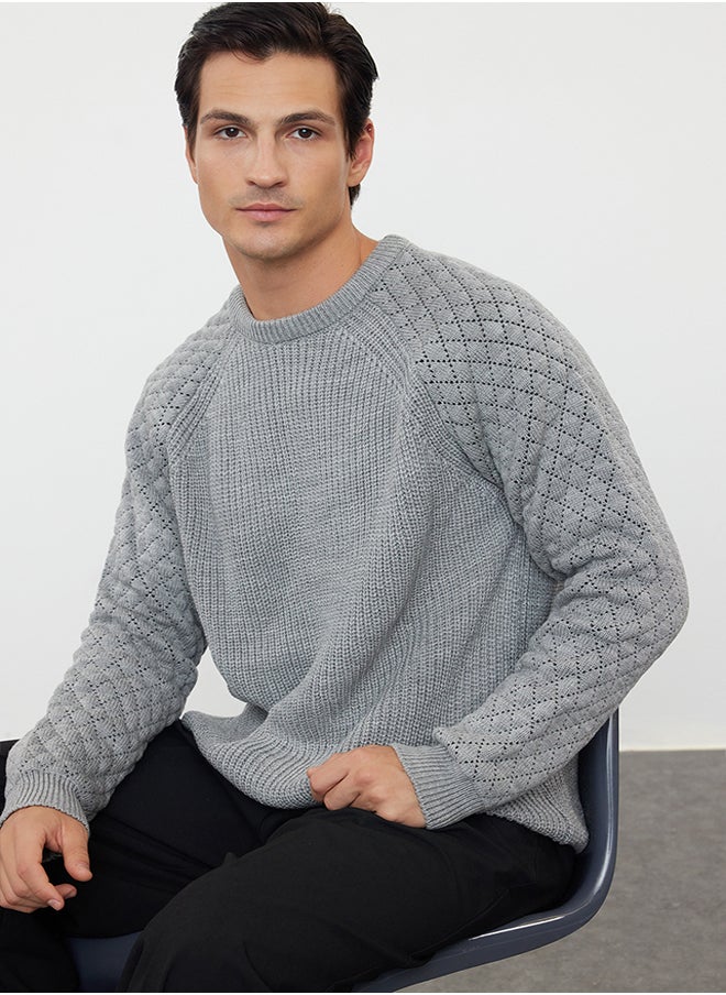 trendyol Gray Regular Crew Neck Textured Knitwear Sweater TMNAW20KZ0020  - Image 1