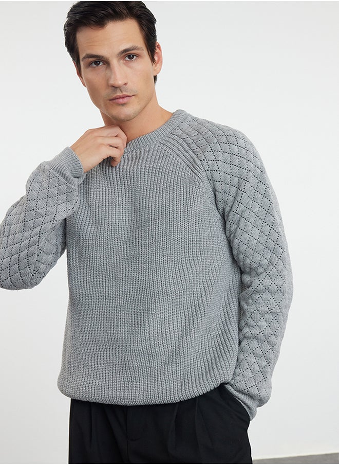 trendyol Gray Regular Crew Neck Textured Knitwear Sweater TMNAW20KZ0020  - Image 2