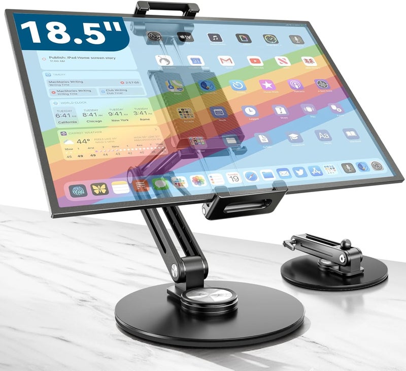 حامل مكتبي لحامل iPad - هيكل ألومنيوم خفيف الوزن يدعم حتى 4.4 رطل، حامل شاشة محمول ثقيل الوزن مقاس 16 بوصة و17.3 بوصة و18.5 بوصة، قاعدة دوارة 360 درجة قابلة للطي، حامل لوحي للمطبخ/السفر - Image 1