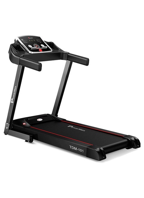 PowerMax Fitness TDM-101 4HP Peak Motorized Treadmill Max User Weight:100kg Foldable With 12km/hr Speed Levels, LED Display, 12 Pre-Set Programs and Bottle & Accessories Holder (Black)